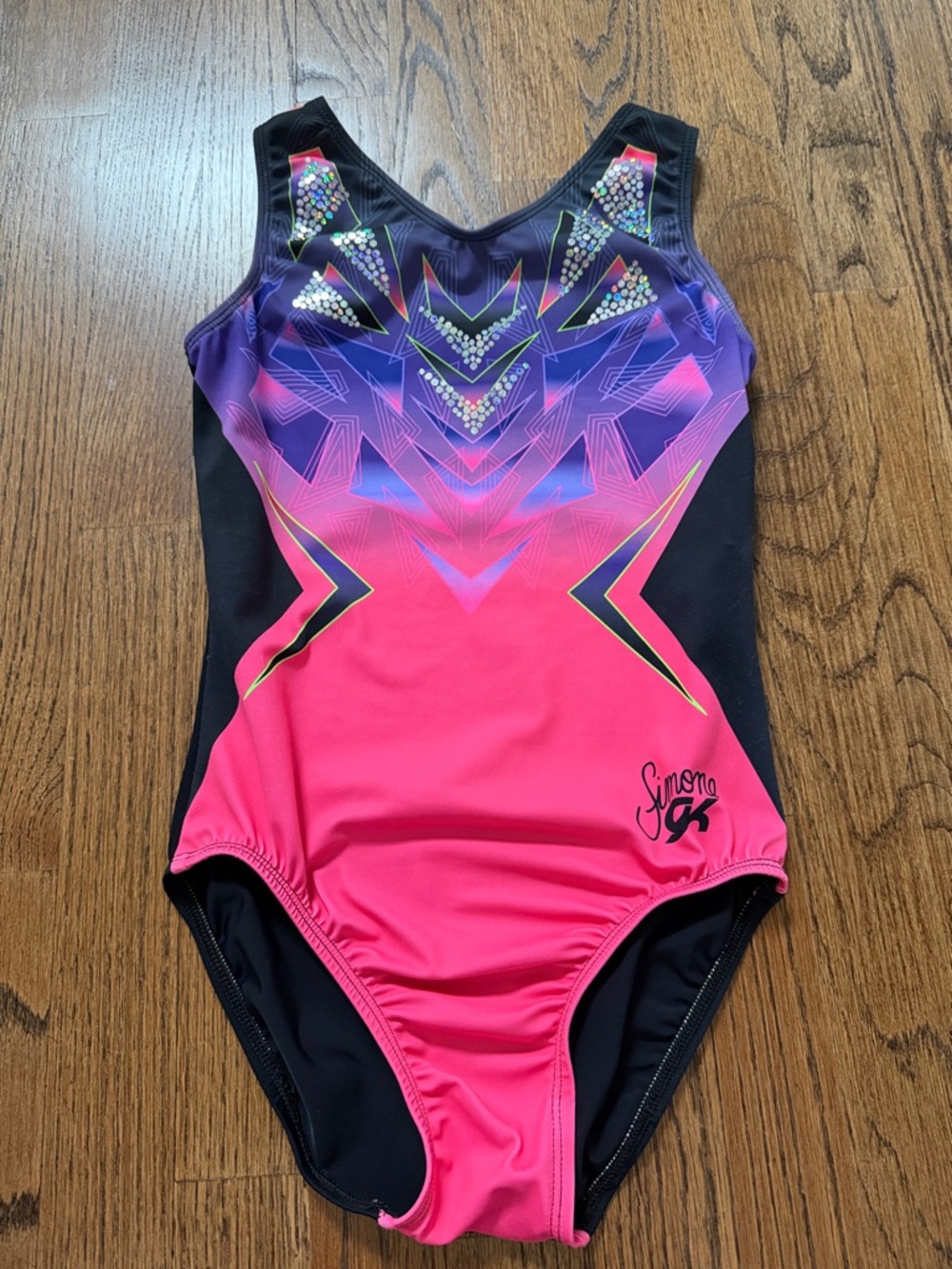 GK Simone black, Pink & Purple Gradient Gymnastics Leotard Rhinestone Accents AS